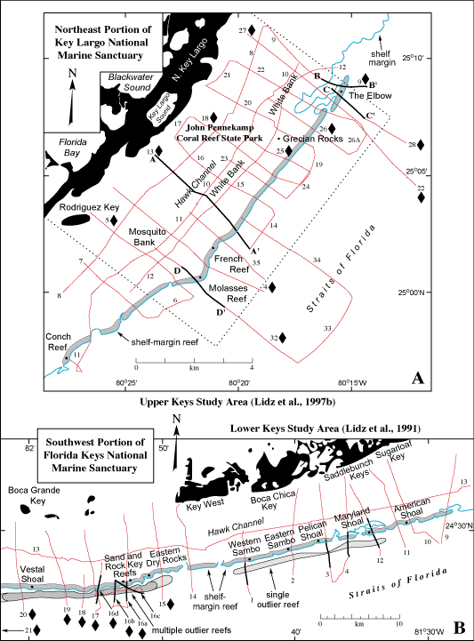 Maps showing (A) Upper Keys study area (B) Lower Keys Study area. 