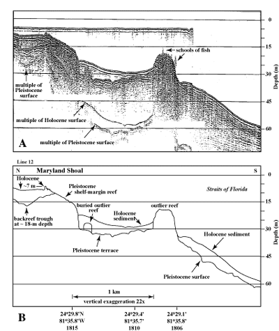 (A) Seismic-reflection profile obtained in 1989 and (B) interpretation 