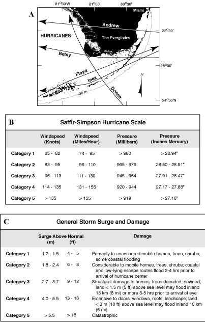Map shows paths of hurricanes that impacted south Florida between 1952 and 1992. (B) The Saffir-Simpson scale. (C) Storm-surge values depend on the shape and slope of the continental shelf in the landfall region.