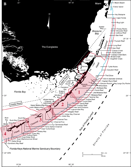 Index map shows locations of named reefs and shoals in the upper Keys and northeastern middle Keys