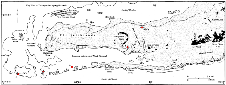 Generalized bathymetric map of Marquesas Keys and reef tract area west of Key West, Florida