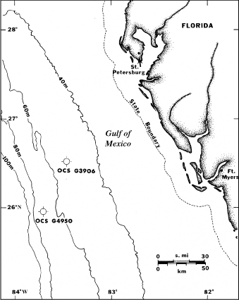 Bathymetric map off west-central Florida shows locations of deep (water depth 53-70 m) wells drilled in 1981 and 1986