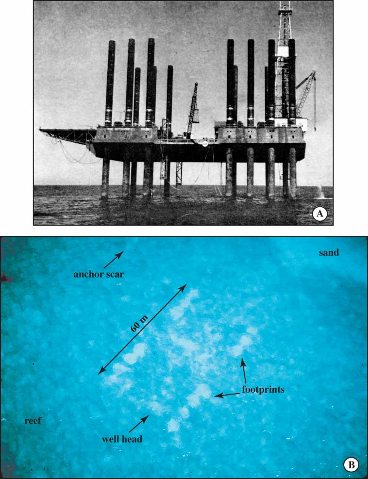 Well site A. (A) Offshore Company Rig 52 drilling well A for Gulf Oil Company in 1960.  (B) Low-level oblique aerial photograph taken in 1988 shows 14 sand-filled footprints, wellhead, and an anchor-chain scar.