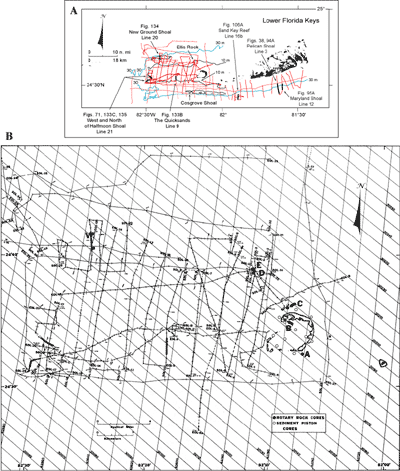 (A) Index map shows tracklines of U.S. Geological Survey seismic data. (B) Closeup of seismic tracklines in the Marquesas-Quicksands ridge area.