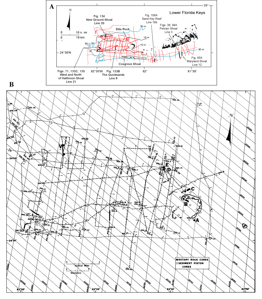 (A) Index map shows tracklines (red) of USGS seismic data. (B) Closeup of seismic tracklines in the Marquesas-Quicksands ridge area.