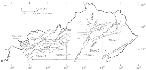 Diagram showing major geologic structures in Kentucky