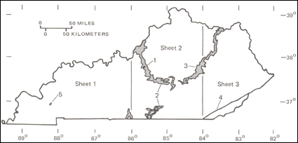 Diagram showing area of outcrop of Devonian strata in Kentucky (shaded). Numbers refer to geographic areas discussed in text.