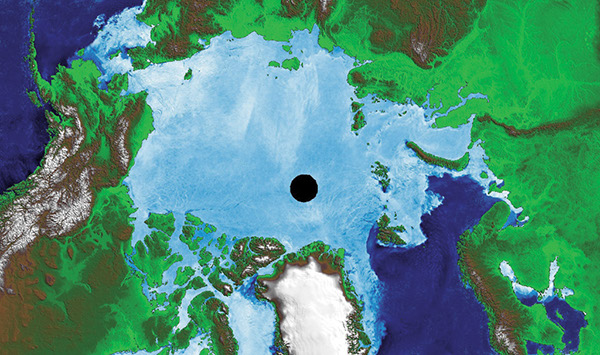 Figure 5-1.–Sea ice in the Arctic region on 9 March 2003, shown on an image produced from data from NASA’s Aqua satellite. Delineation of maximum areal extent of sea ice is shown by the boundary between open water (dark blue) and sea ice (lighter blue).