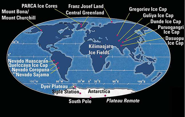 Figure 8-3.–Glacier sites worldwide from which glaciologists have obtained ice cores containing paleoclimate histories and compared them with current climate records to better understand climate change. Map compiled by the Byrd Polar Research Center, The Ohio State University, Columbus, Ohio. -4. Ground photograph of the Trans-Alaska Pipeline and parallel access road constructed on ice-rich permafrost. The pipeline is constructed on elevated thermopiles to dissipate heat and prevent thawing of permafrost.