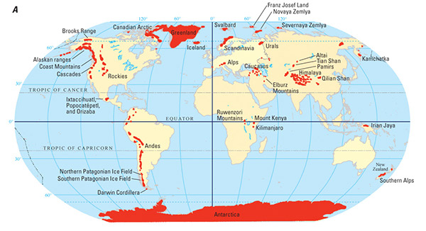 Figure 2.—A, Geographic distribution of the principal glacierized regions (red) on Earth. Modified from Canadian Geographic (Shilts and others, 1998, figure on p. 52). 