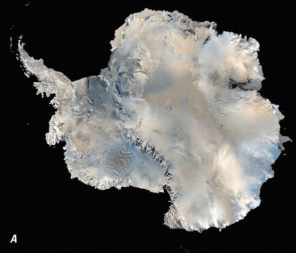 Figure 6.—Continental ice sheet. A, NOAA AVHRR image mosaic of the Antarctic ice sheet (http://terraweb.wr.usgs.gov/projects/Antarctica/AVHRR.html) used as the image base for the USGS Satellite Image Map of Antarctica (I-2560) (Ferrigno and others, 1996, 2000). 