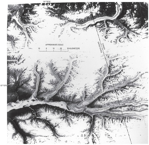 Figure 10.—Valley glacier. Landsat 3 RBV image of valley glaciers, northwestern St. Elias Mountains, Alaska and Canada (for extended captions see Chapter K, and Chapter J of “Satellite Image Atlas of Glaciers of the World,” p. K191, fig. 175; and p. J306, fig. 3, respectively).