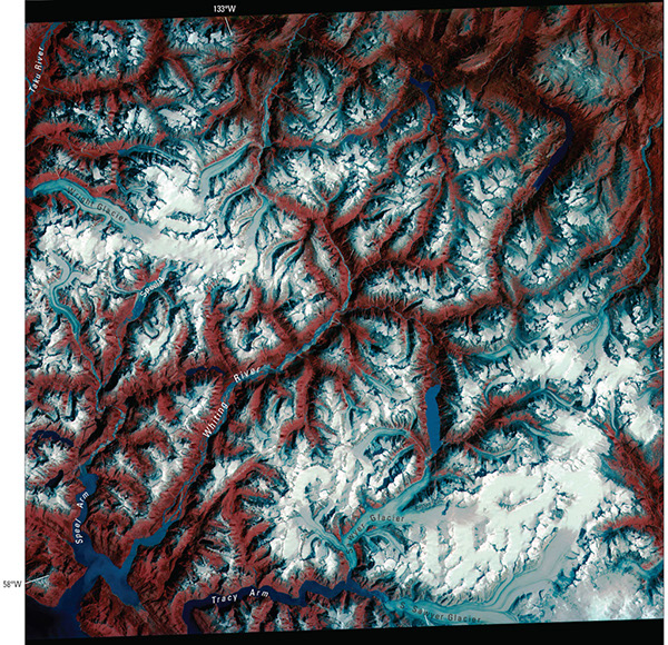 Figure 11.—Mountain glacier. Landsat 5 TM image of cirque glaciers and valley glaciers in the Coast Mountains, Alaska (for an extended caption see Chapter K of “Satellite Image Atlas of Glaciers of the World,” p. K103, fig. 84).