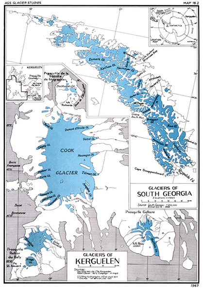 Figure 17.—Maps of the Glaciers of Kerguelen and of the Glaciers of South Georgia showing glaciers on the two subantarctic islands. Map plate from the American Geographical Society Glacier Studies (Mercer (1967, p. 325, Map 18.2©)).Used with permission of the American Geographical Society.