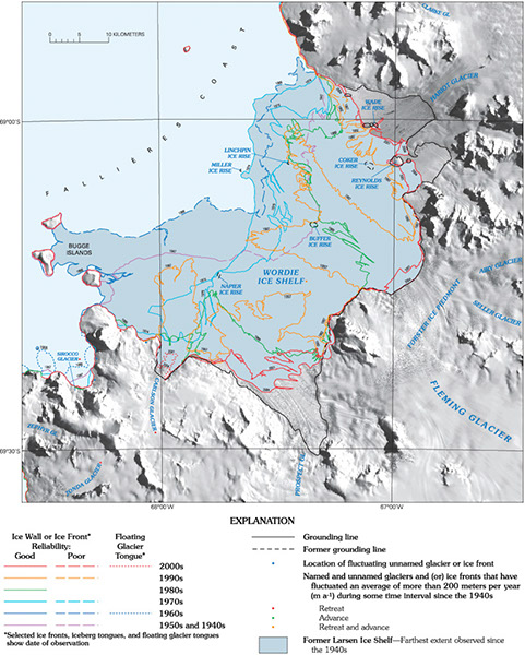 Figure 18.—Wordie Ice Shelf map inset, part of “Coastal-change and Glaciological Map of the Larsen Ice Shelf area, Antarctica: 1940–2005.” Selected ice-front positions between 1947 and 2004 are shown, as well as named and unnamed glacial features. See Ferrigno and others (2008) for full map, map explanation, and accompanying pamphlet with tables. Named glacial features and numbered unnamed glacial features are listed in pamphlet and in tables 3 and 4, respectively. Average annual change of the ice front, calculated for the time intervals between years when measurements were made, is detailed in table 5A.
