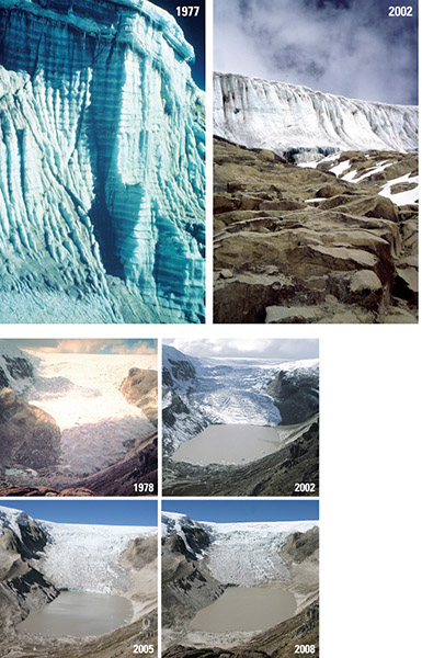 Figure 24.—The margin of the Quelccaya Ice Cap, Perú, photographed from the same camera position on the ground in 1977 and in 2002 and a sequence of four photographs showing the recession of the Qori Kalis outlet glacier, Quelccaya Ice Cap, Perú, in 1978, 2002, 2005, and 2008. Photographs by Lonnie G. Thompson, Byrd Polar Research Center, Ohio State University.