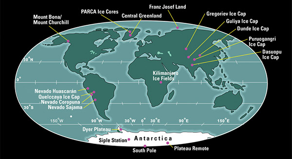 Figure 37.—Geographic locations of sites where ice cores have been obtained by the ice-core paleoclimate research group at the Byrd Polar Research Center, The Ohio State University. PARCA, Program for Arctic Regional Climate Assessment.