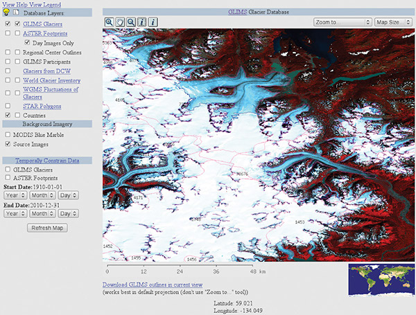 Figure 82.—Computer screen display of the GLIMS MapServer showing database layers and options for temporarily constraining data. Elements in image include glacier boundaries (red), boundaries (purple) of internal rock (nunataks), transient snow lines (blue), and glacier analysis IDs (numbers). The Llewellyn Glacier is in the upper center of the image; it is an outlet glacier from the Canadian side of the Juneau Icefield. (See also fig. 78; and Chapter K of “Satellite Image Atlas of Glaciers of the World,” p. K104, fig. 85.)