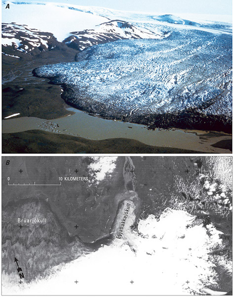Figure 85.—A, Oblique aerial photograph looking south across the terminus of the surge-type glacier, Eyjabakkajökull, as it appeared on 25 July 1973 after it had completed a 2.8-km surge. Photograph by Richard S. Williams, Jr., U.S. Geological Survey. B, Part of Landsat image 30157-11565-D, acquired on 9 August 1978, of Eyjabakkajökull, after the melting and retreat of the glacier’s terminus more than 5 years after its surge. The fractured ice in its lower part, including stagnation during that interval, shows the kind of detail that Landsat 3 return-beam vidicon (RBV) images offer (Williams, 1986a, p. 8, fig. 3).