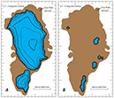 Figure 19.—Maps of the Greenland ice sheet modeled for two warmer steady-state climates. A, +3°C, and B, +5°C. Snow accumulation was allowed to remain within the range of present-day distribution. Modified from Fabre and others (1995, p. 5, fig. 3). 
