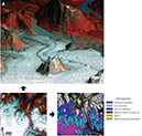 Figure 78.—A, Advanced Spaceborne Thermal Emission and reflection Radiometer (ASTER) image (false color infrared composite) draped over an ASTER digital elevation model (DEM) showing the terminus of Llewellyn Glacier, northwestern British Columbia, and proglacial lake; perspective view looking to the northeast. B, Part of an ASTER scene showing Llewellyn (top left) and Tulsequah (lower right) Glaciers. C, Map showing water and glacier features and created from partial ASTER scene shown in B using an enhanced maximum likelihood supervised classification of three derived bands (after Sidjak and Wheate, 1999). The ASTER DEM is the shaded relief base image. Areas of no visible relief are null areas. Image and caption courtesy of Rick Wessels, U.S. Geological Survey, Alaska Volcano Observatory, Anchorage, Alaska. ASTER image (ID SC:AST_L1A.003:2003795732, bands 3, 2, 1 (RGB), acquired on 8 August 2001). From U.S. Geological Survey, EROS Data Center, Sioux Falls, S. Dak.
