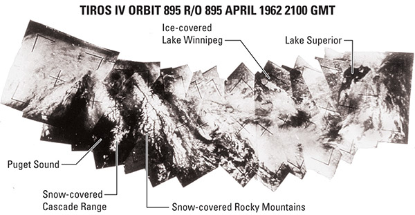 Figure 1.—Images acquired on 11 April 1962 from the Television Infrared Observing
Satellite-4 (TIROS-4), taken from an altitude of about 700 km. Clouds and snow are
indistinguishable in parts of the image mosaic 
