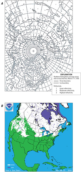 Figure 4.—A, National Oceanic and Atmospheric Administration National Environmental
Satellite, Data, and Information Service(NOAA NESDIS) snow map. 1–7 March 1976;
B, NOAA NESDIS Interactive Multisensor Snow and Ice Mapping System (IMS) snow map,
23 January 2006. Snow cover is shown in white; sea and lake ice is shown in dark blue 
