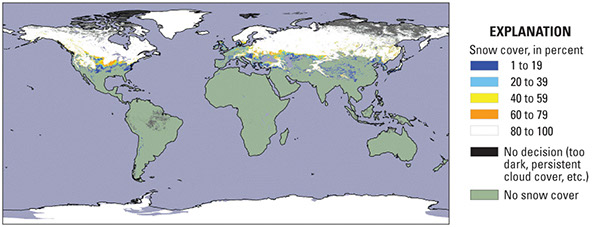 Figure 6.—Moderate Resolution Imaging Spectroradiometer (MODIS) monthly snow map with fractional snow cover for February 2004. From MODIS Snow and Ice Project,
NASA/Goddard Space Flight Center. [http://modis-snow-ice.gsfc.nasa.gov] 