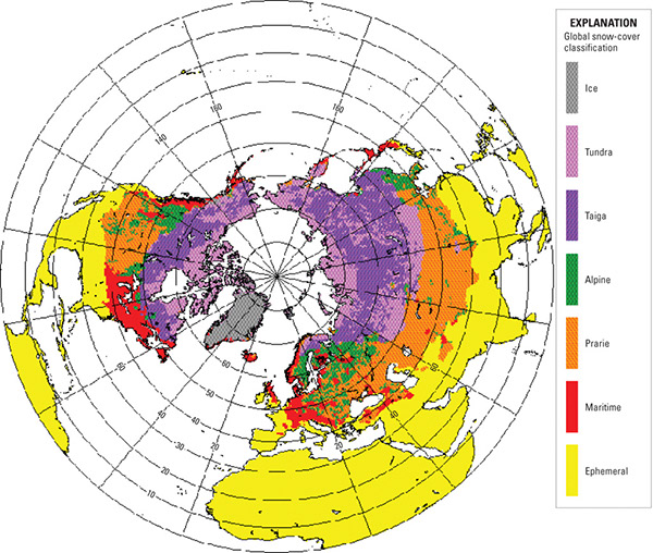 Figure 7.—Global snow-cover classification according to bioclimatological regions (Sturm and others, 1995). Image courtesy of National Snow and Ice Data Center, Boulder, Colorado.
