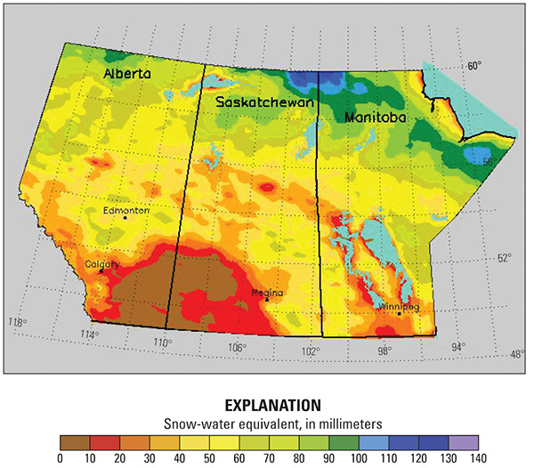 Figure 9.—Map of snow-water equivalent of the Canadian Prairies for 5 February 2002 derived from passive-microwave data. Map courtesy of Environment Canada 
