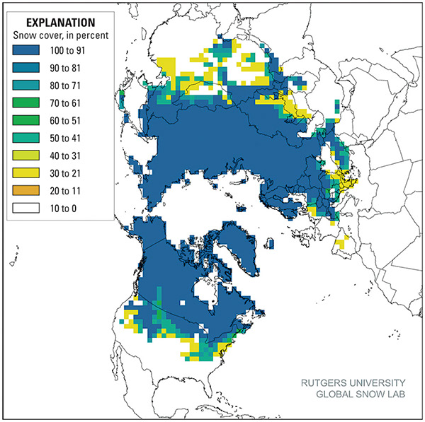 Figure 10.—Rutgers University Global Snow Lab monthly snow map for February 2006, based on NOAA/NESDIS snow maps, showing snow-cover frequency. 
