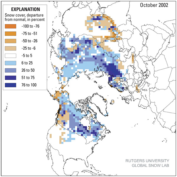 Figure 13.—Rutgers University Global Snow Lab monthly snow map for October 2002, based on NOAA/NESDIS snow maps, showing snow-cover departure from normal. 
