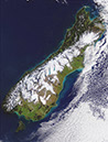 Figure 3.—A 500-m-pixel-resolution Moderate Resolution Imaging Spectroradiometer (MODIS) image of New Zealand’s South Island, acquired on 11 July 2003. The intense 
storm that produced this snow cover was reported to be the
worst blizzard to hit the country in 50 years. Image courtesy of NASA’s MODIS Land Rapid Response Team. 
