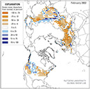 Figure 12.—Rutgers University Global Snow Lab monthly snow map for February 2002, based on NOAA/NESDIS snow maps, showing snow-cover departure from normal. 
