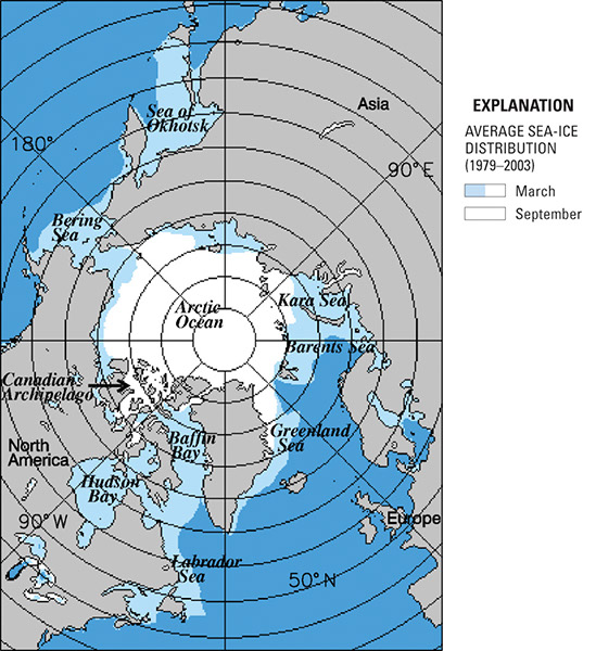 Figure 1.—North 
polar location map and monthly sea-ice distribution in March (white and light blue) and September (white), averaged for the 25-year period from 1979 to 2003. The sea-ice distri¬butions are derived from satellite data discussed in the “Annual Cycle 
of Sea Ice” section.