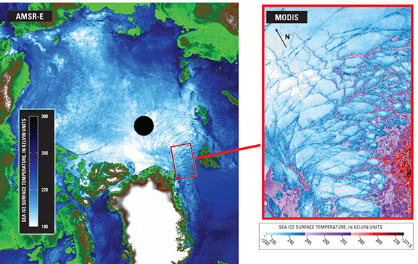 Figure 5.Same-day sea-ice images from microwave and visible/infrared sensors. Left: The Arctic region on 12 March 2003, as imaged from the 89-GHz vertically polarized channel of the Earth Observing System (EOS) Aqua Advanced Microwave Scanning Radiometer for EOS (AMSR-E), at a pixel resolution of 5 km. Right:
Ice-surface temperature in the Fram Strait on 12 March 2003, as determined from data from the EOS Terra Moderate Resolution Imaging Spectroradiometer (MODIS). (Images from Hall and others, 2004.