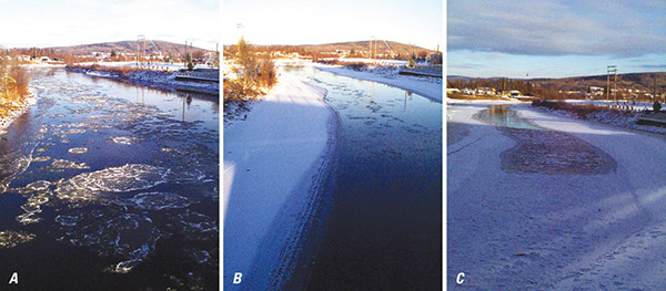 Figure 17, Freeze-up on the Chena River, Fairbanks, Alaska, in autumn 2001 showing, A, early, thin border ice by the left/north bank and ice pans in the channel on 21 October; B, narrowing of the open channel as the border ice ex-pands away from the banks on 28
October; and C, closure of the channel as a lodgement forms and the pack expands upstream as ice pans are stopped at the blockage on 4 November. Photographs by Martin O. Jeffries, Geophysical Institute, University of Alaska Fairbanks .