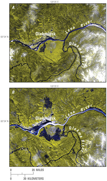 Figure 25, Earth Observing System 
(EOS) MODerate resolution Imaging Spectrometer (MODIS) (bands 1 and 2) images of the confluence of the Lena and Olekma Rivers, Russia, during break-up in spring 2000 show, A, widespread
open water in both channels, except for some ice in the Lena River upstream from the confluence on 12 May, and B, an ice jam and extensive ice in the Lena River up- and downstream from the confluence causing widespread flooding on 15 May. The city of Olekminsk is located at lat 60.4°N., long 120.4°E. Each image covers an area of 105 km by 130 km on the ground.
