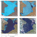Figure 21.—Landsat-7 ETM+ (bands 3, 4, 5) images show break-up on Great Slave Lake (lat 61.46°N., long 114.60°W.), Northwest Territories, Canada, in spring 2000: A, 4 May, B, 20 May, C, 5 June, and D, 21 June. The fracturing, weakening, and shrinkage of the ice are evident, as is the complete disappearance of ice from numerous smaller lakes long before Great Slave Lake was completely ice free. Each image covers an area of 185 km by 185 km on the ground.