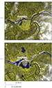 Figure 25.—Earth Observing System (EOS) MODerate resolution Imaging Spectrometer (MODIS) (bands 1 and 2) images of the confluence of the Lena and Olekma Rivers, Russia, during break-up in spring 2000 show, A, widespread open water in both channels, except for some ice in the Lena River upstream from the confluence on 12 May, and B, an ice jam and extensive ice in the Lena River up- and downstream from the confluence causing widespread flooding on 15 May. The city of Olekminsk is located at lat 60.4°N., long 120.4°E. Each image covers an area of 105 km by 130 km on the ground.
