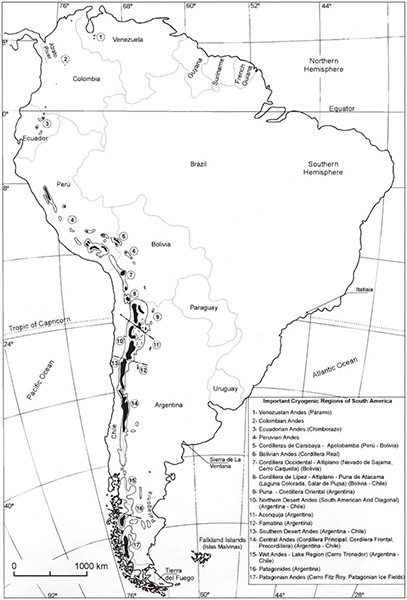 Figure 8.—Cryogenic regions of South America; black is area of mean annual air temperature (MAAT) of 0° to -5°C, including ice covers (after Trombotto, 2000). 

 