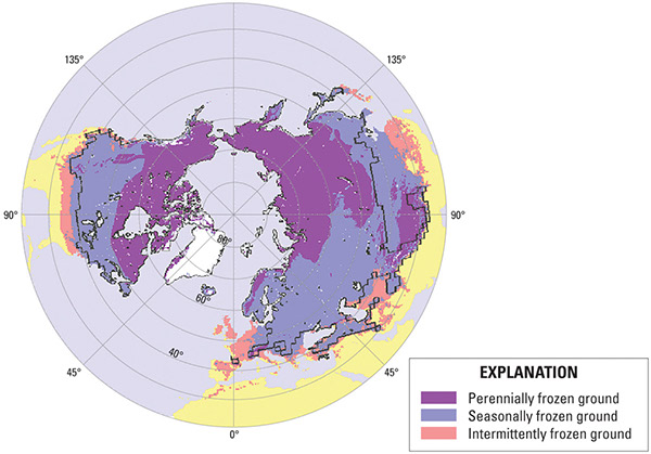 Figure 36.—Map showing the extent of seasonally frozen soils of the Northern Hemisphere; both permafrost and regions south of the permafrost boundary are included
(Zhang and others, 2003). 
  