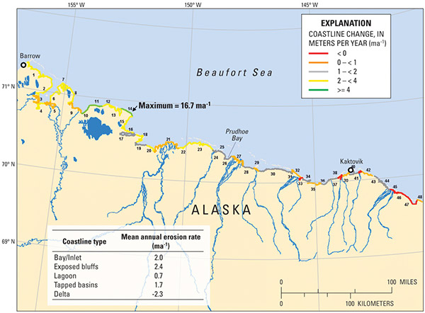 Figure 37.—Map showing coastline type and mean annual historical erosion rates along the Beaufort Sea coast of Alaska based on analysis of high-resolution imagery and geodetic ground control (Jorgenson and Brown, 2005). 
  