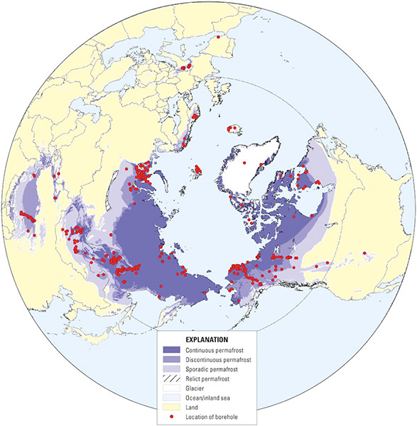 Figure 40.—Location of borehole sites for the Global Terrestrial Network for Permafrost
(GTN-P) and the IPY Thermal State of Permafrost project (provided by Vladimir
Romanovsky, University of Alaska Fairbanks). 
  