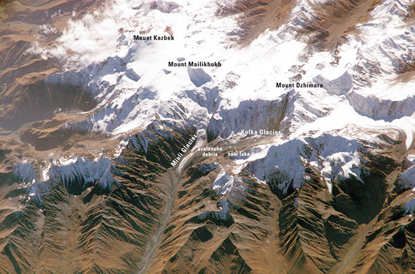 Figure 47.—Kolka-Karmadon ice-rock avalanche of 20 September 2002. NASA
International Space Station photograph no. ISS005-E-17830 (photograph 
courtesy of Office of Public Affairs, National Aeronautics and
Space Administration, Washington, D.C.) 
  