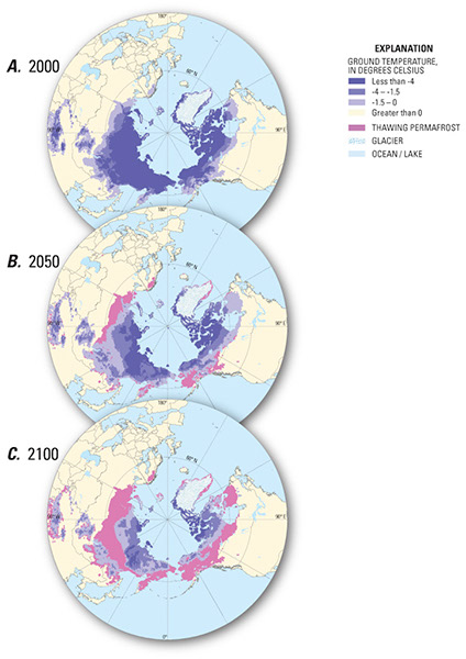 Figure 48.—Modeled circumpolar permafrost temperatures
(mean annual temperature at the permafrost surface) for A, 2000;
B, 2050, and C, 2100 (modified from Romanovsky, Gruber, and others, 2007). 
  