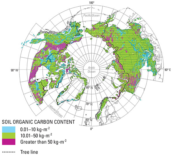 Figure 49.—Distribution of soil organic carbon content in the northern 
circumpolar permafrost region based on data in the Northern Circumpolar
Soil Carbon Database (NCSCD) (Tarnocai and others, 2009). 
  