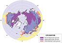 Figure 36.—Map showing the extent of seasonally frozen soils of the Northern Hemisphere; both permafrost and regions south of the permafrost boundary are included (Zhang and others, 2003). 
