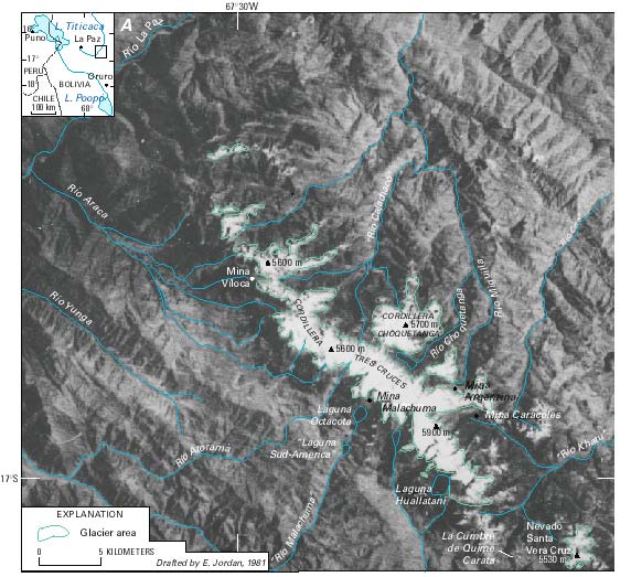 Glacierized regions of Cordillera Tres Cruces