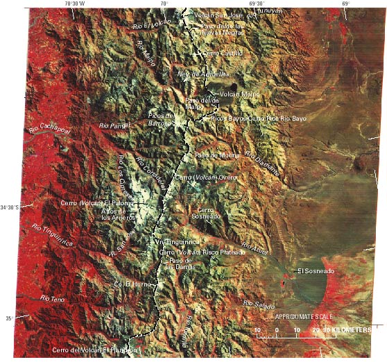 Annotated Landsat MSS FCC of the Central Andes south of figure 9